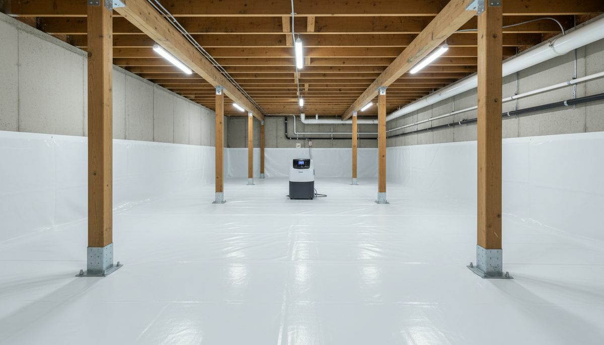 Encapsulated crawl space with bright white vapor barrier and dehumidifier