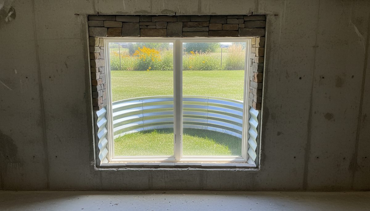 Newly installed basement egress window with steel window well