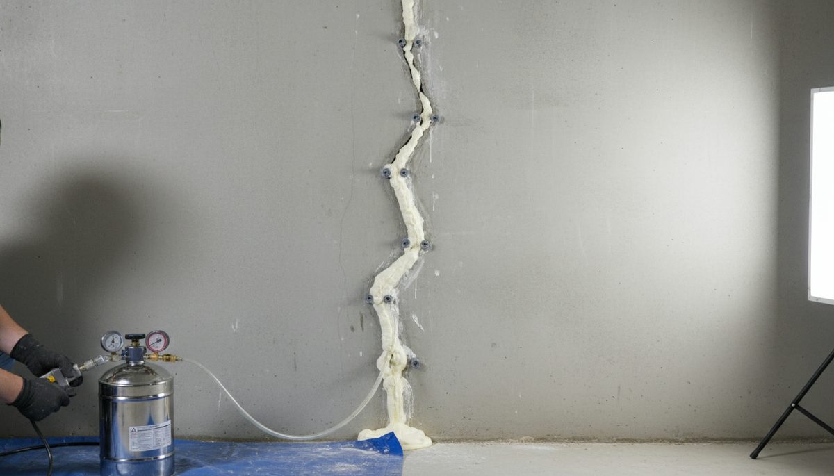 Foundation crack being repaired with polyurethane injection ports