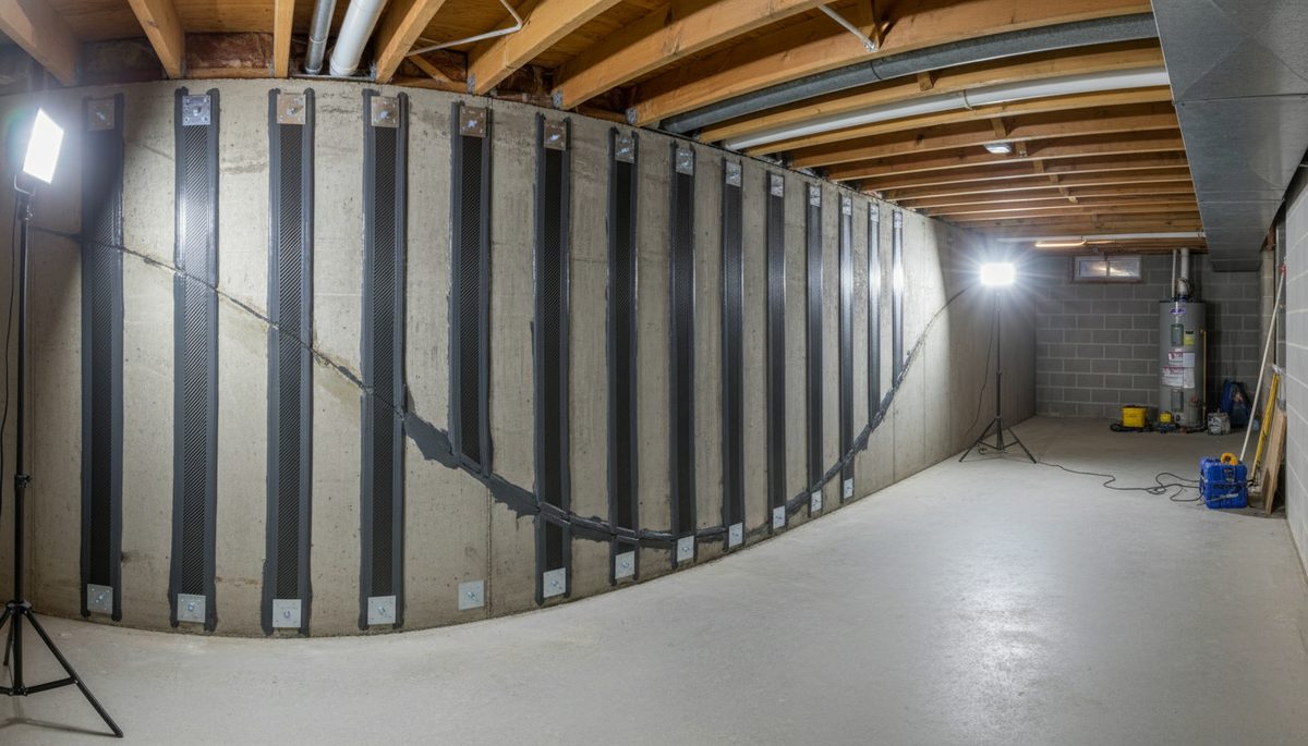 Bowing basement wall reinforced with carbon fiber straps