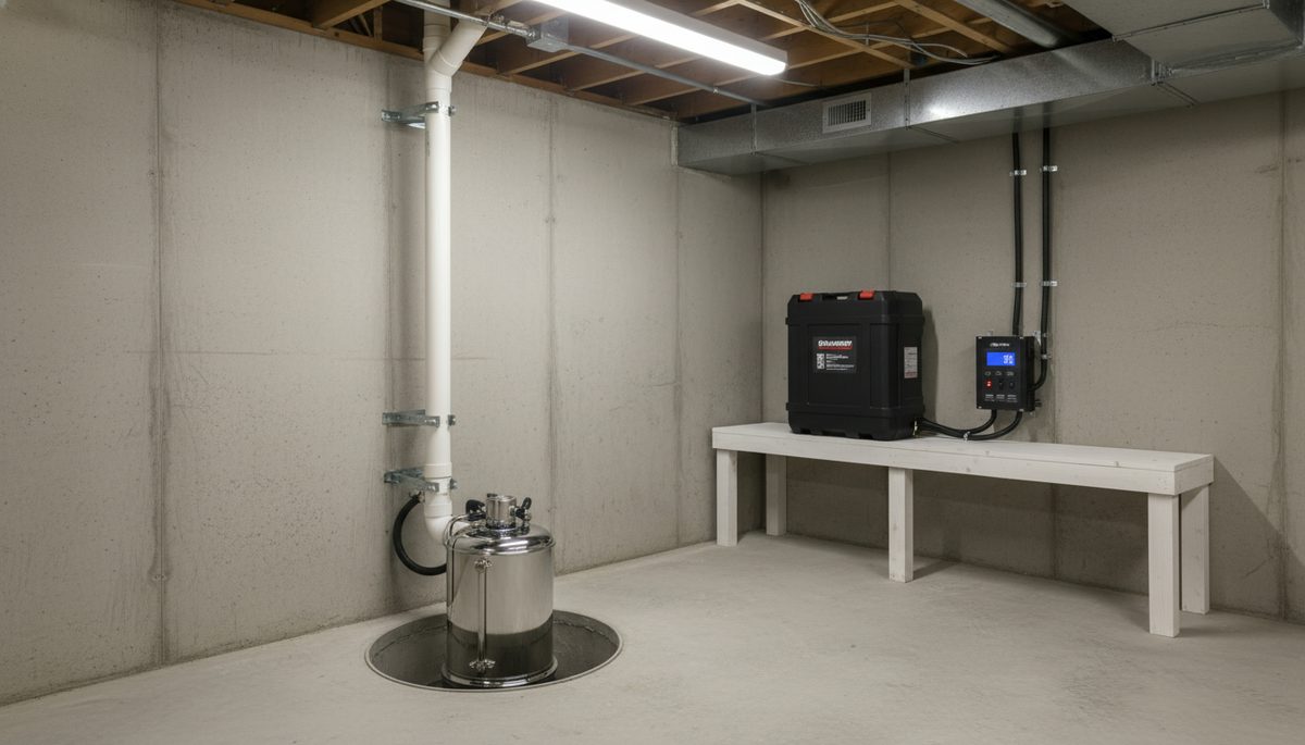 New stainless sump pump with battery backup installed in a Sioux Falls basement