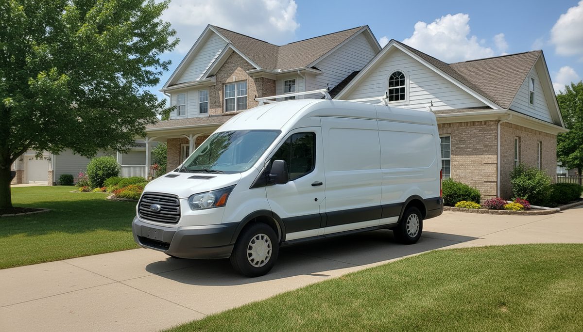 A clean white Sioux Falls Basement Pros service van parked at a Sioux Falls home