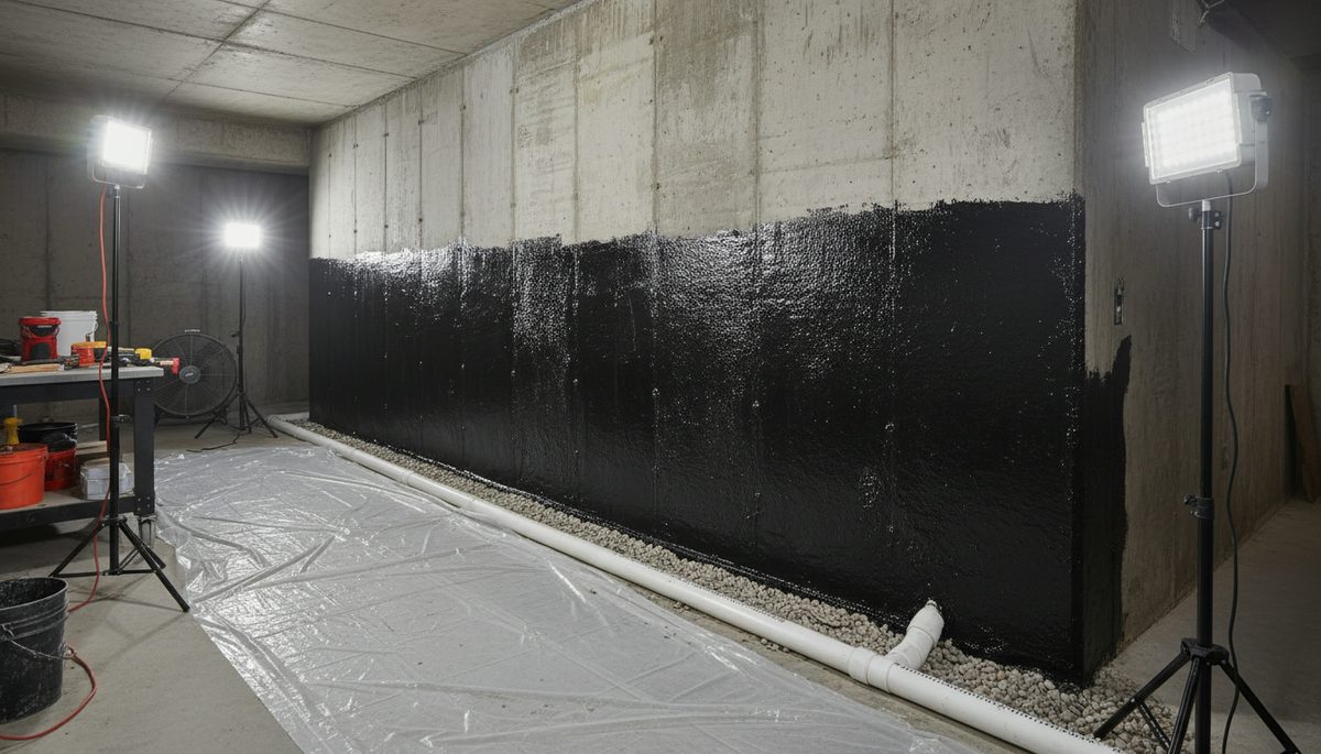Interior basement waterproofing membrane being applied to a foundation wall